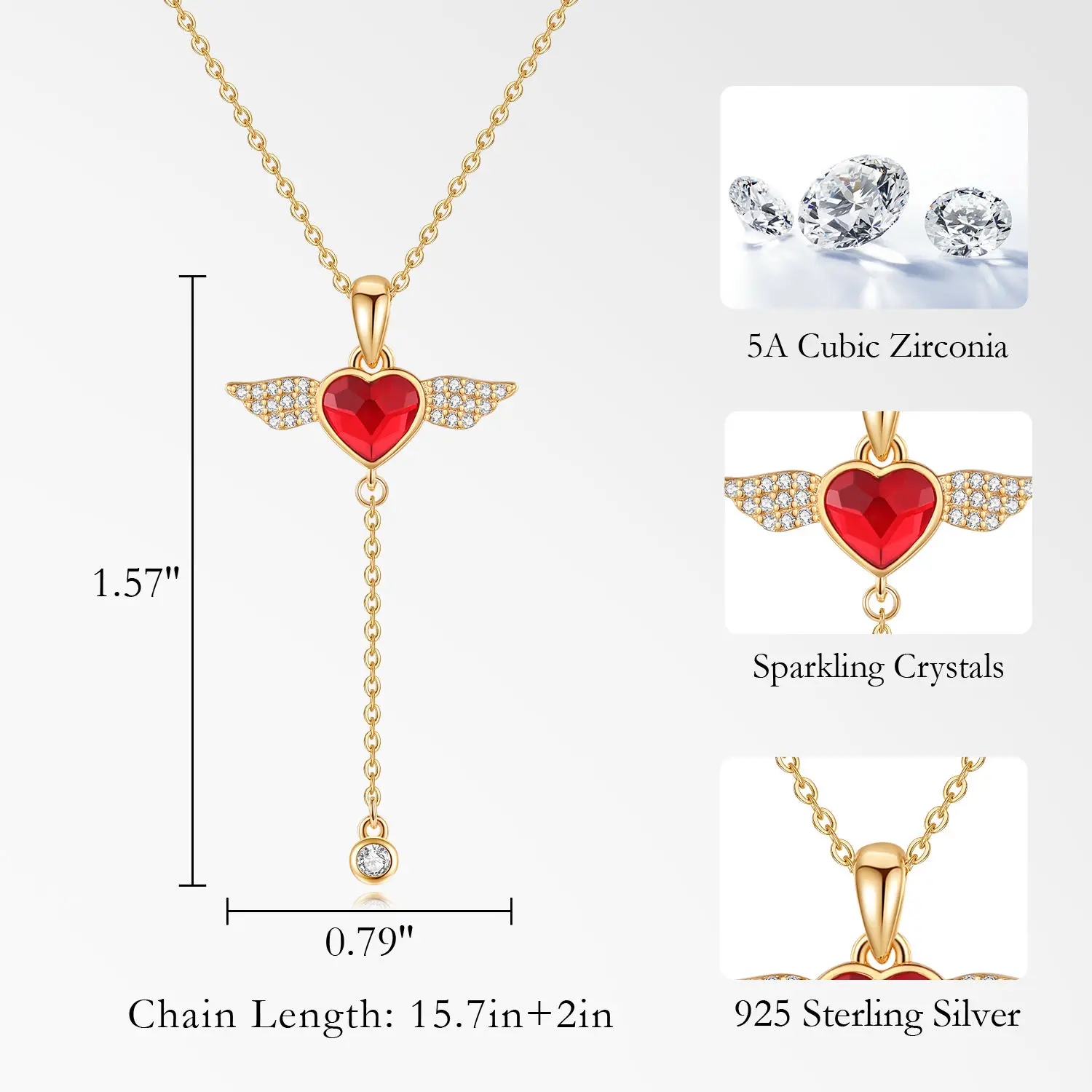 CDE YN1207 Fine Jewelry 925 Sterling Silver Rose Gold Plated Wholesale Heart Crystal Necklace Zircon Angel Wing Pendant Necklace
