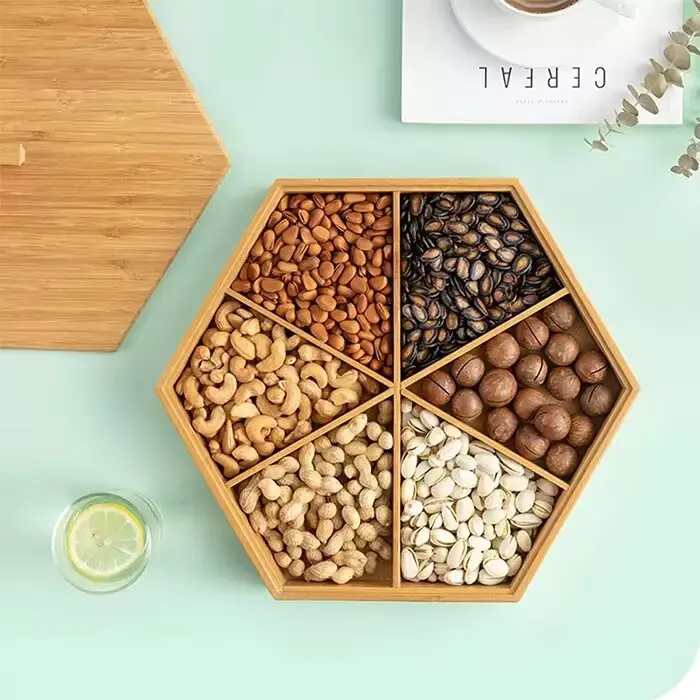 product 6 compartments bamboo wooden food tray snack tray set nut and candy serving tray with cover-5