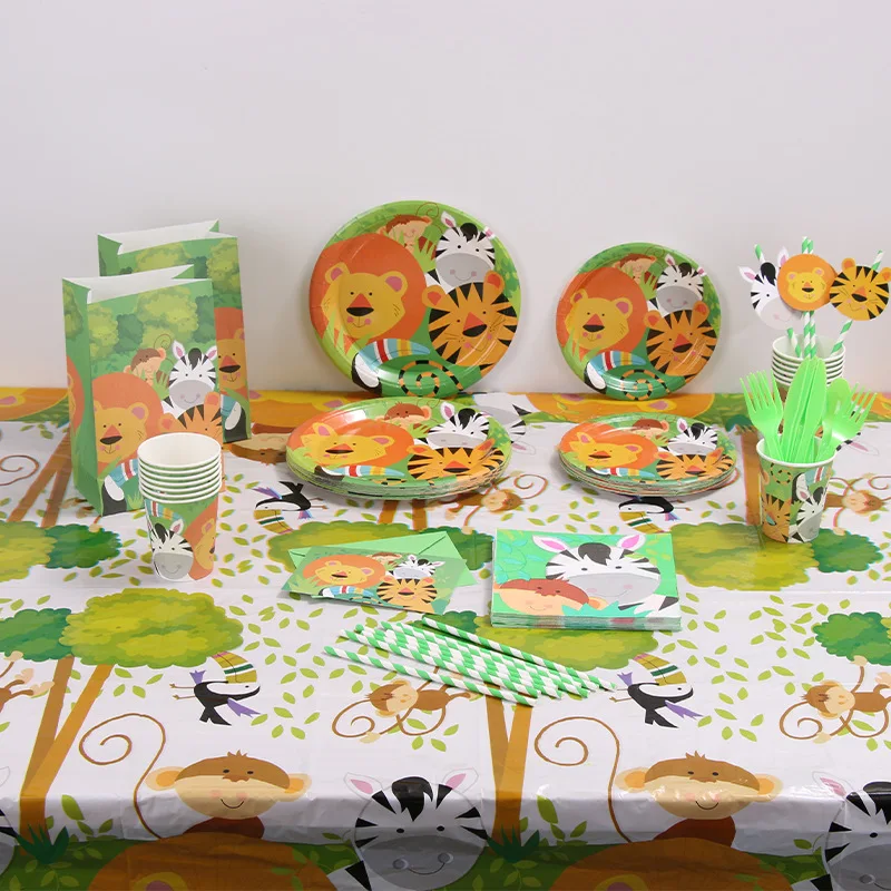 Customized Green Animal Theme Birthday Party Supplies Animal Pattern Disposable Tableware Party Decoration Set Paper plate