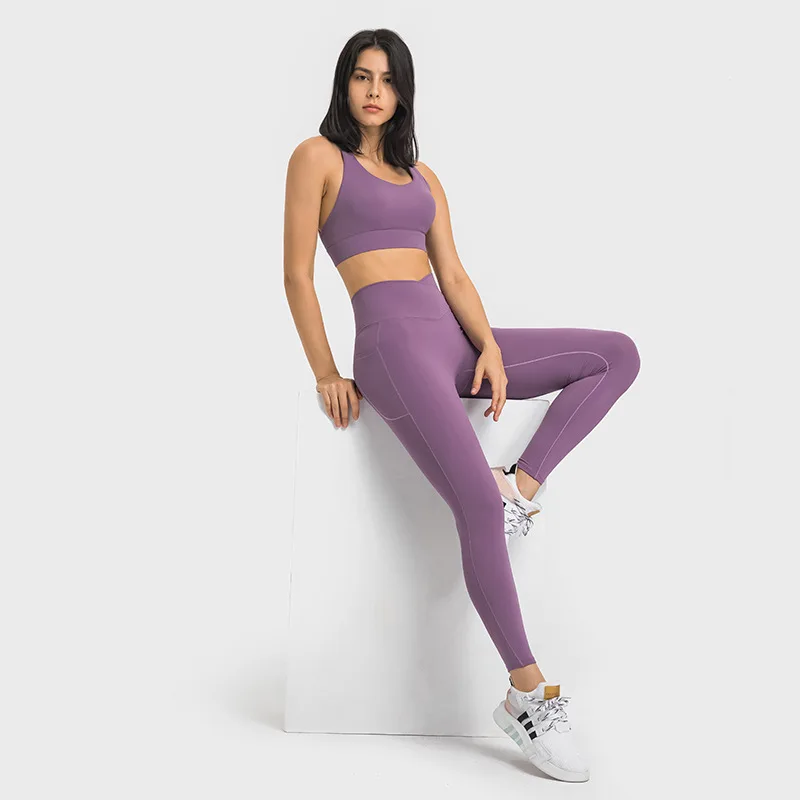 YIYI Wholesale Cross Waist Tummy Control Gym Tights Pants With Pockets But Lift Leggings Workout Yoga Fitness Leggings For Women