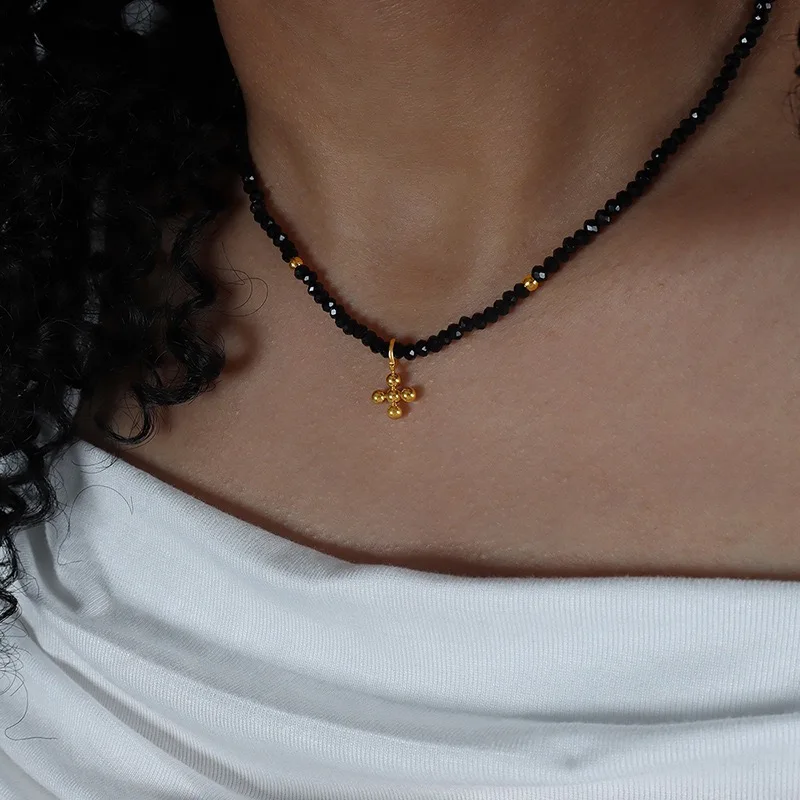 2024 glass beads pearl stainless steel gold plated cross pendant necklace