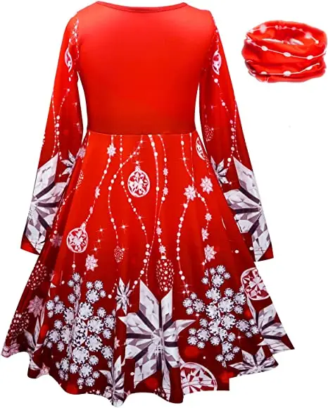 Hot sell kids clothes long sleeves baby girls dresses kids for White and red color Christmas snowflake printing