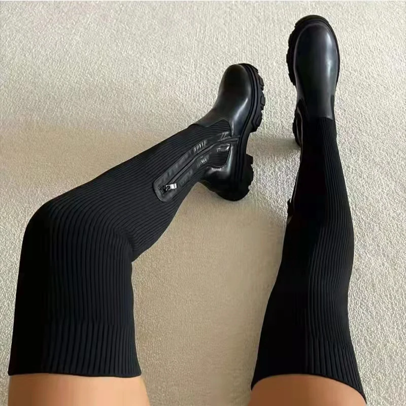 Flats Shoes Thick Sole Boots Autumn Winter Breathable Knitting Sock Upper Women Thigh High Boots Stretch Round Toe Plus Size 43