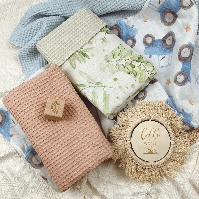 Custom Shower Gift 2 Layers Bamboo Cotton Newborns Musselin Waffle Baby Throw Blanket Muslin Swaddle Wrap Blanket