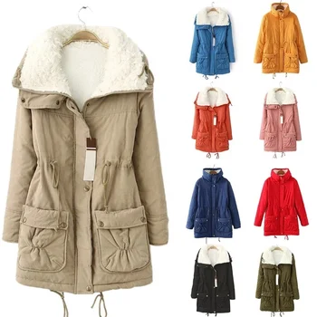 Fleece Winter Jacket Women Thick Warm Casual Slim Cotton Padded Ladies Parka Solid Fur Collar Jacket Outerwear Coats