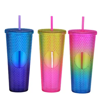 Wholesale Double Wall Matte Plastic Stud Tumbler Grid Collection Cup With Lid Straw Protected By Patent