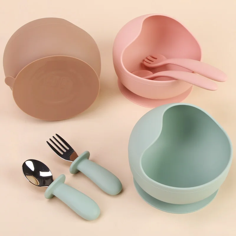 Two Ears Food Grade Snack Silicone Baby Dinner Bowl Tableware Set Silicone Baby Dinner Bowl Set