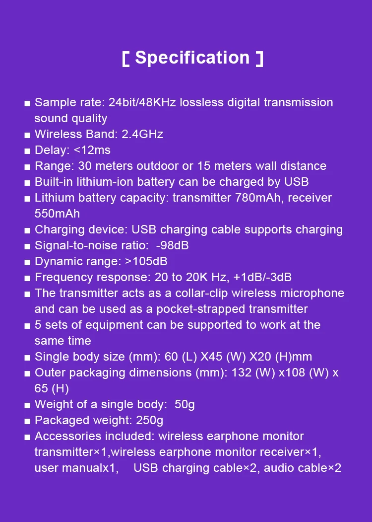 Rechargeable WP-10 2.4G Wireless Earphone Monitor Transmitter Receiver Support Stereo Mono and Phone Recording Function