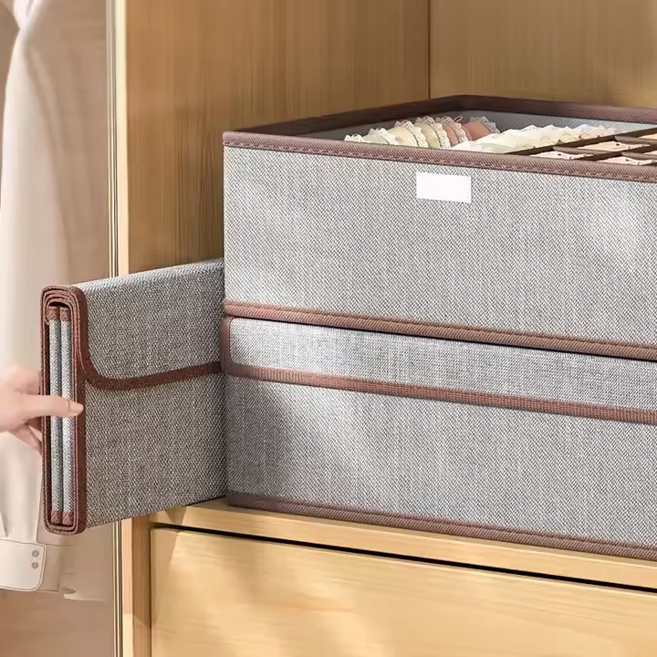 Modern Simple Eco-Friendly Fabric Storage Box for Underwear Foldable Rectangle Tableware Factory Wholesale Small Lattice details