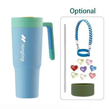 Custom Logo Printed  Vacuum Outdoor Travel Mug Tumbler Stainless Steel 40oz Coffee Tumbler with Handle and Straw