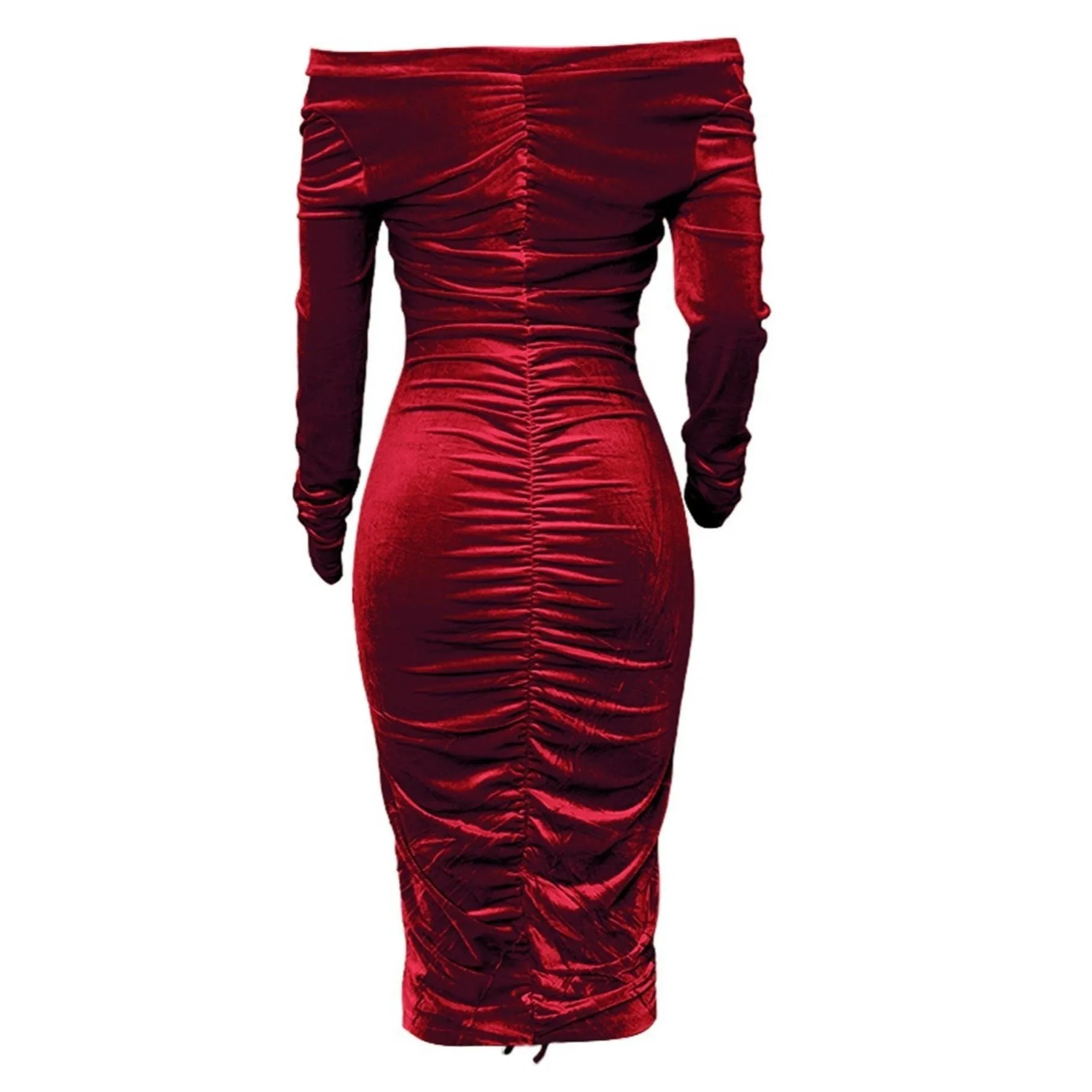 Women's Dresses V Neck Off The Shoulder Velvet Ruched Mid-length Dresses H5750a6f09fec4e1cb98d6bcb70f8b48bB