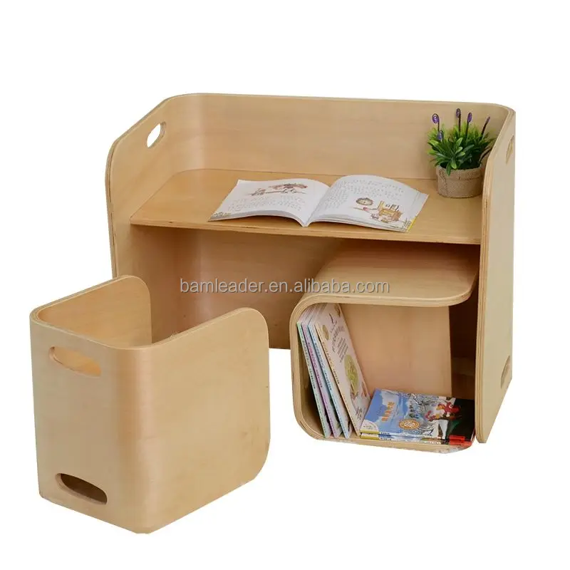 Custom Natural Bamboo MultiFunctional Children Furniture Sets Wooden Kids Desk Table Chair Set With Storage Nursery School