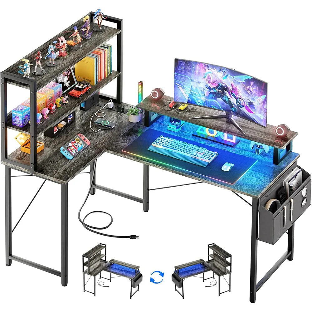 47-Inch L-Shaped Gaming Desk with Charging Station Portable Home Office Computer Table Black Oak Finish Includes Bookshelf supplier