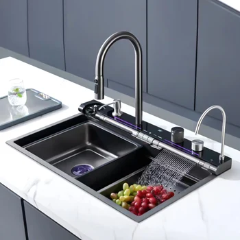 Complete whole set multifunctional accessories luxury 304 single bowl kitchen sink with drain board