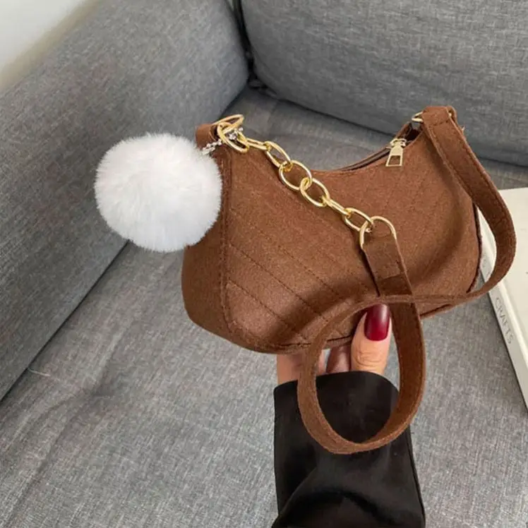 Mini New Candy Color Felt+polyester Sling Handbag Shoulder Bag With Pompon Textured Female Saddle Underarm Bag Tote Bag