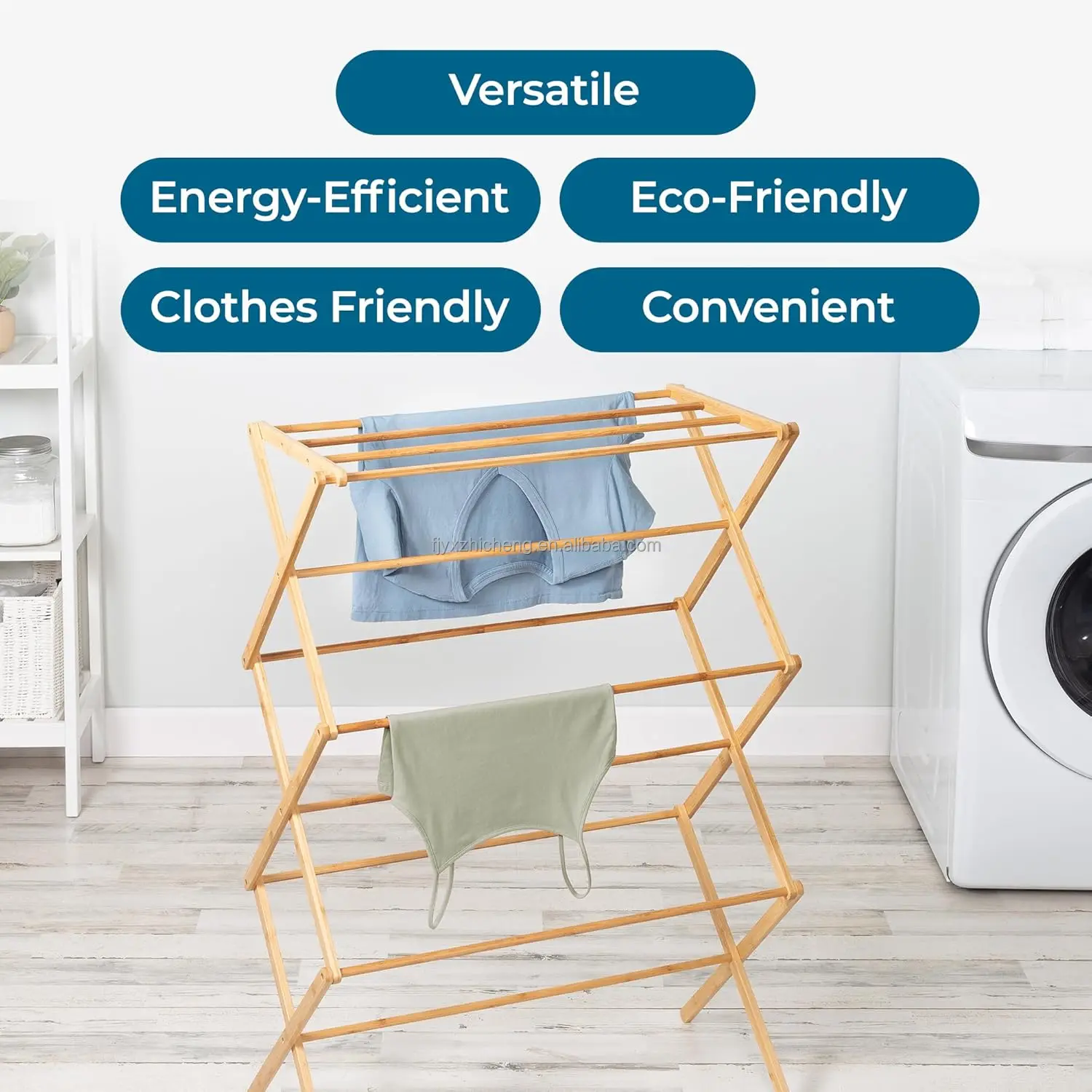 product bamboo drying rack sturdy foldable floor mount space saving portable clothes towels blankets-3