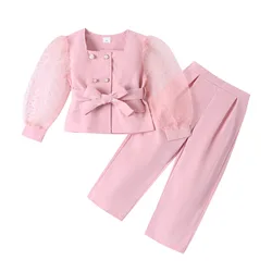 2023 Popular Baby Clothes Girls Solid Pink Autumn Girls' Suit Autumn Lace Long-sleeved Pearl Double-breasted Trouser Suit Belt
