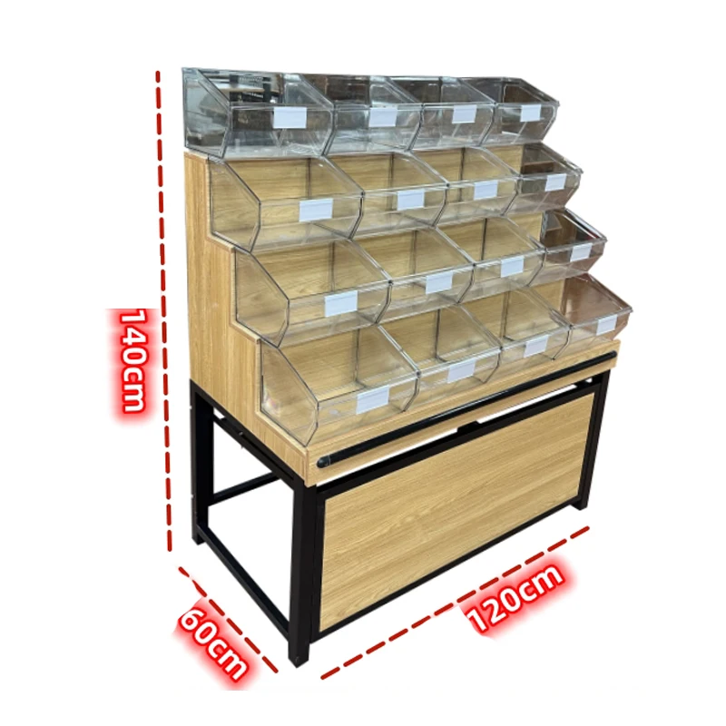 Meicheng Wholesale Commercial Snack Display Stand Wood Bulk Food Displays Customized Nuts Grains Racks Candy Rack Display