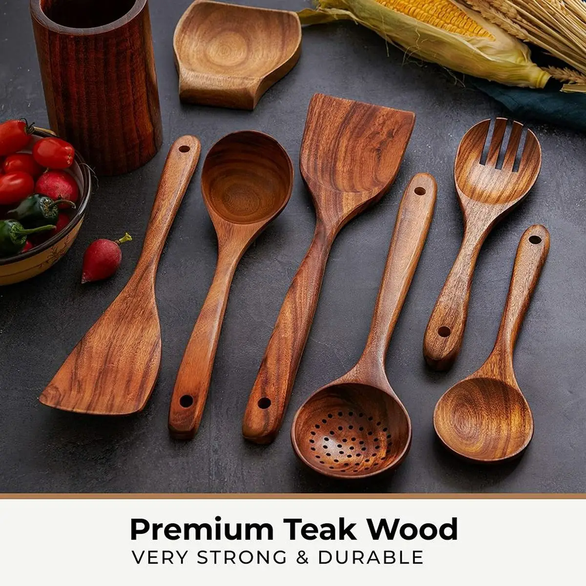 High Quality Natural Teak Acacia Kitchen Accessories Cooking Tools Wooden Kitchen Utensils Cookware Wood Utensil Set For Home