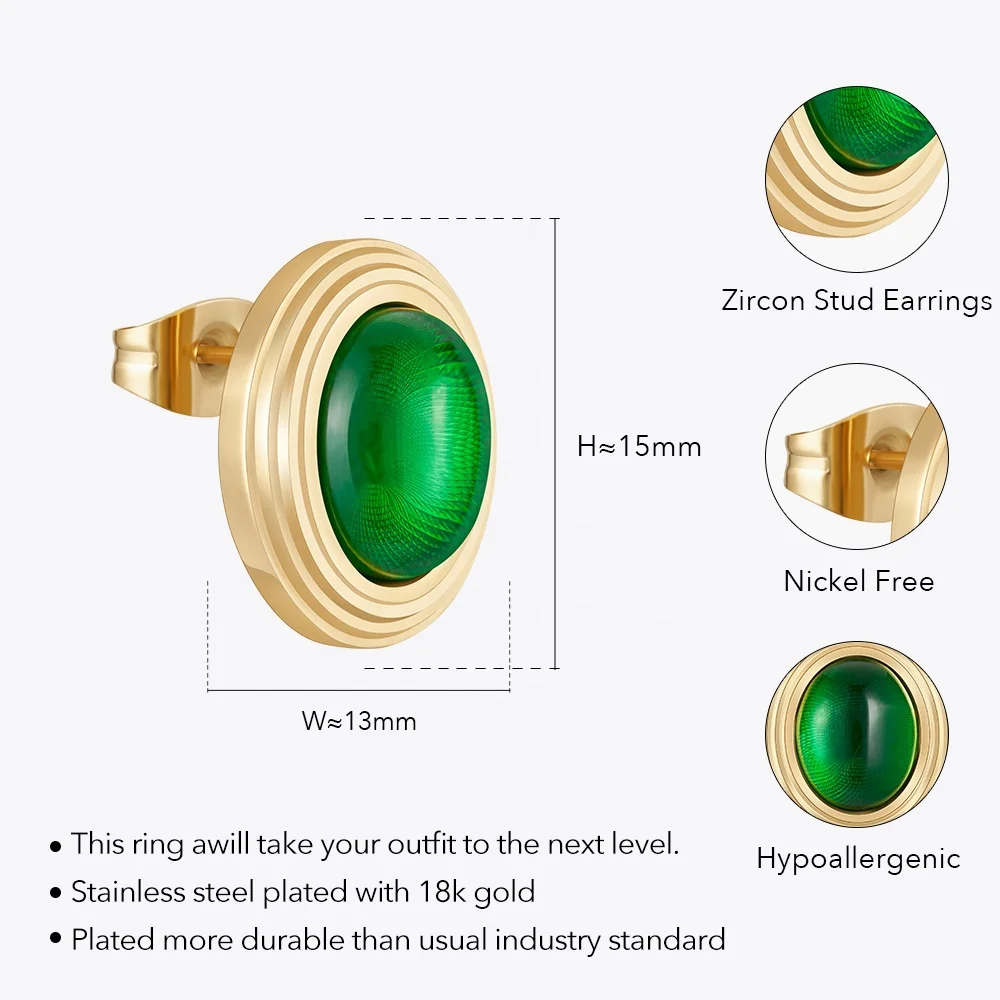 Latest 18K Gold Plated Stainless Steel Jewelry Gold Color Oval Green Glass Stone Ear Stud For Women Accessories Earrings E231456