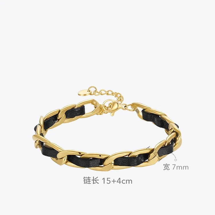 Latest High Quality 18K Gold Plated Stainless Steel Jewelry Metal Chain Knit Leather Cord Bracelet B212237