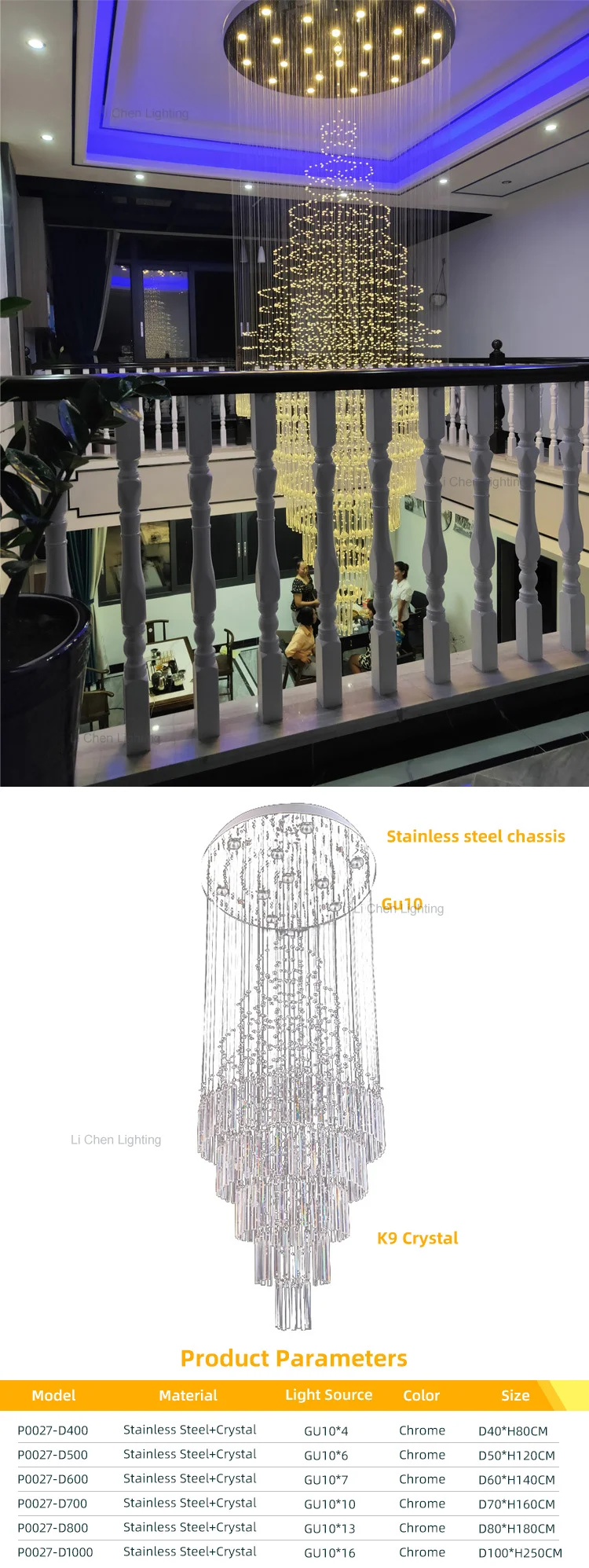 p0027 modern spiral crystal chandelier  long luxury led pendant light for high ceiling staircase-0