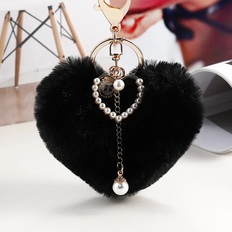 Cute Heart Pompom Keychain Fashion Pearl Tassel Fluffy Flush Faux Rabbit Fur Key Chains for Women Girl Charm Bag Pendant Keyring