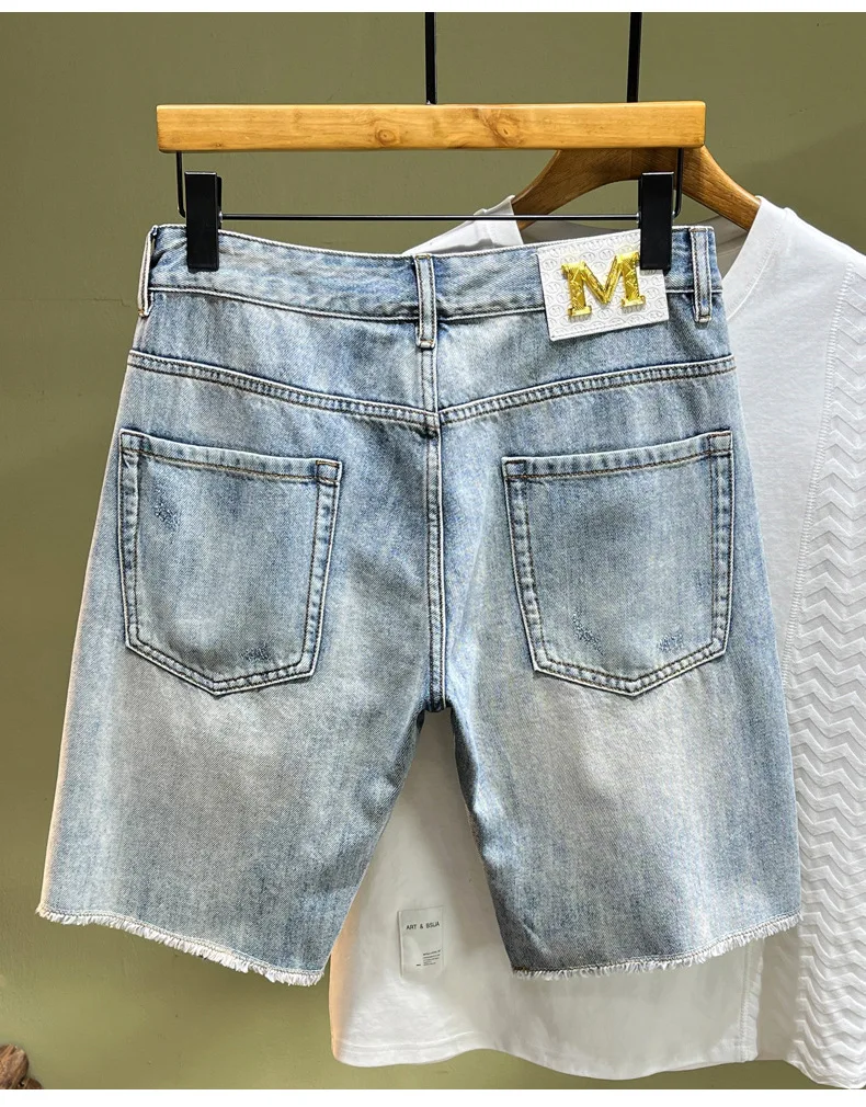 Vintage Personality High-End Distressed Ripped Nylon/Cotton Men's Trendy Slim Fit Stretch Straight Summer Casual Mid-Length supplier