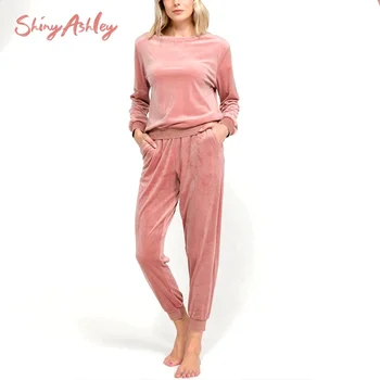 OEM custom Winter Solid Tops With Pants Fleece home wear Long Sleeve PJ Set Velvet women's sleepwear girls pajama set