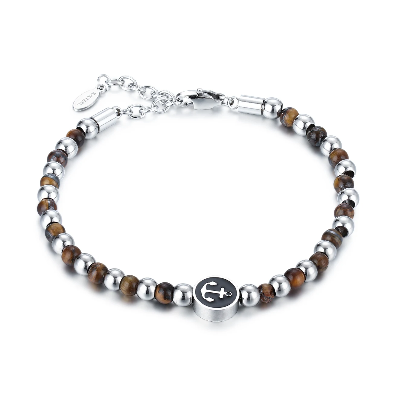 Fashion Jewelry Natural Stone Gemstone Tiger Eye Agate Anchor Beaded Bracelet For Men