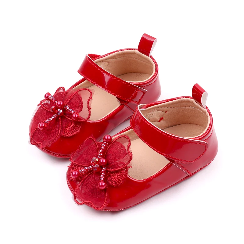 Solid Color PU Leather Veil Quality Flowers Pearl Stamen Elegant Princess Toddler Shoes for Baby Girls details