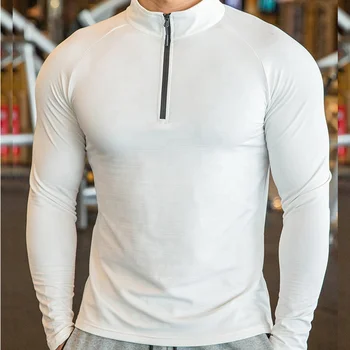 Manufacture men long sleeves 1/4 zip sports shirts gymwear polyester fitness quater zip up white shirts for men