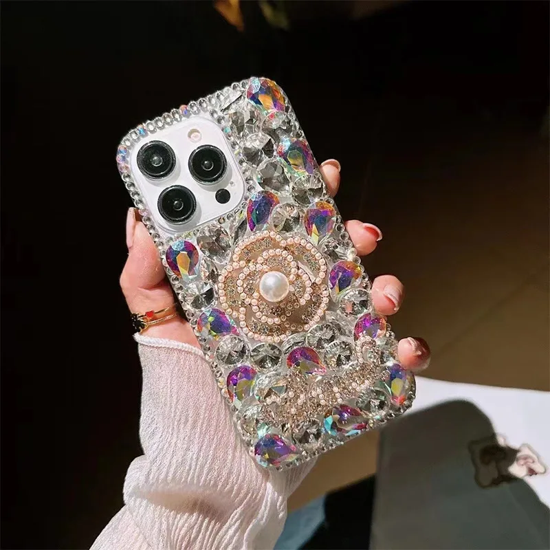 Luxury Rhinestone Camellia Flower Mobile Phone Case for iPhone 15 14 Samsung S24 S23 A34 A54