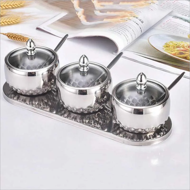 Eco-Friendly Stainless Steel Spice Jars Set with Tray Spoon Lids Small Empty Kitchen Storage Jar with Glass Lid Food Usage