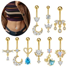 Set 10 Cold Plated Stainless Steel Opal Zircon Dangle Navel Piercing Barbells Cute Heart Belly Button Rings for Women's Gift