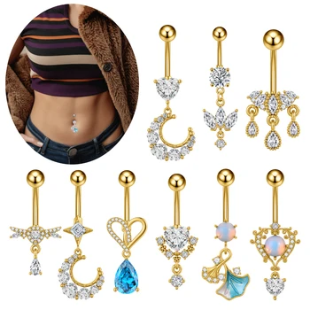 Set 10 Cold Plated Stainless Steel Opal Zircon Dangle Navel Piercing Barbells Cute Heart Belly Button Rings for Women's Gift