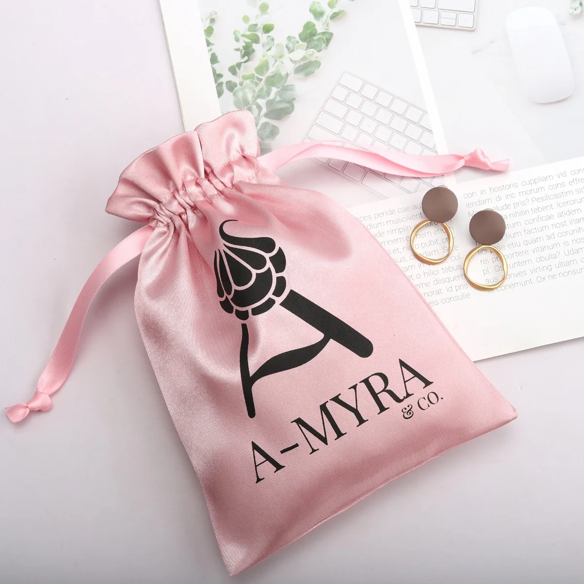 Custom Logo Printed Pink Satin Hair Lingerie Packing Drawstring Bag Luxury Wedding Gift Wig Storage Silk Pouch
