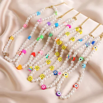 Boho White Pearl Smiley Face Beaded Necklaces For Women Fashion Wholesale Pearl Bead Chain Statement Necklace Jewelry