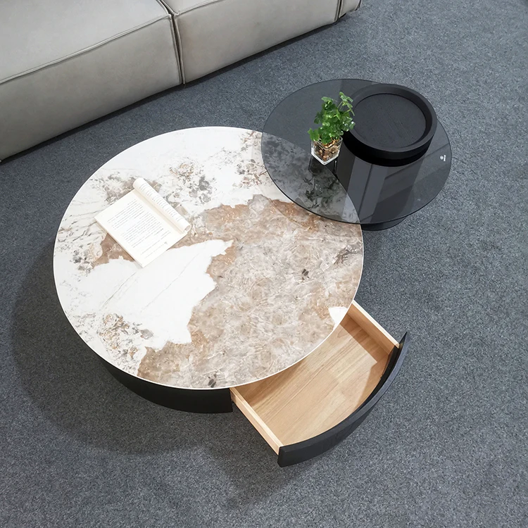 New Design Best Selling Stone plate top tempered glass Coffee Table Set Center Table Living Room Metal Side Table
