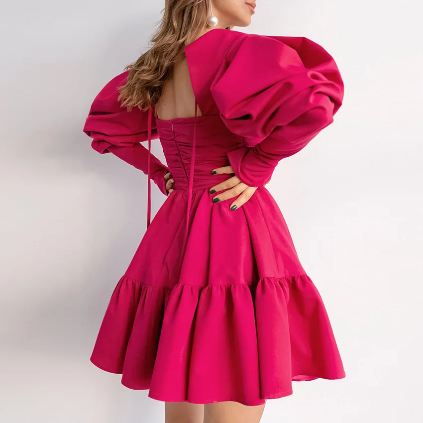 Autumn and winter French princess dress pink square collar puff sleeve dress cake dress for women