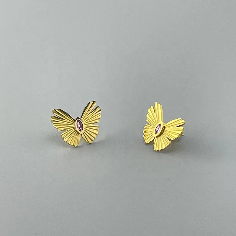 High Quality 18K Gold Plated Stainless Steel Jewelry Butterfly Pink Zircon Stud Earrings For Women Party Earrings E221426