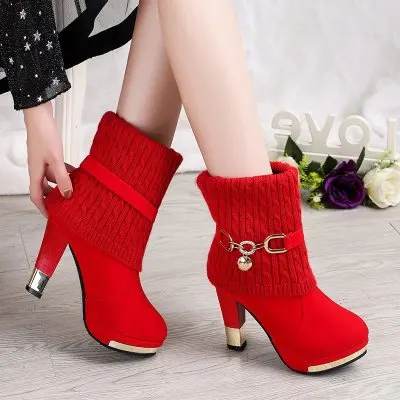 Winter Plus Size 35-43 Woman Boots Ladies High Heel Boots Black Red Mujer Christmas Boots