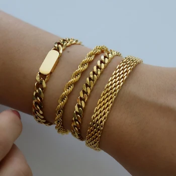 Vintage Waterproof Jewelry Stainless Steel Cuban Chain Bracelet Tarnish Free 18k Gold Plated Mesh Bracelet For Women