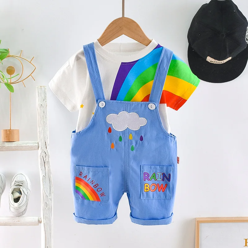 2023 Summer Kids Clothing Universal Rainbow Baby Clothes Set Boys And Girls T-shirt Cotton Overalls Baby Sets