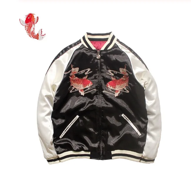 Japanese Style Women And Mens Jacket Reversible Yokosuka Carp Embroidered Satin Bomber Jacket 3810