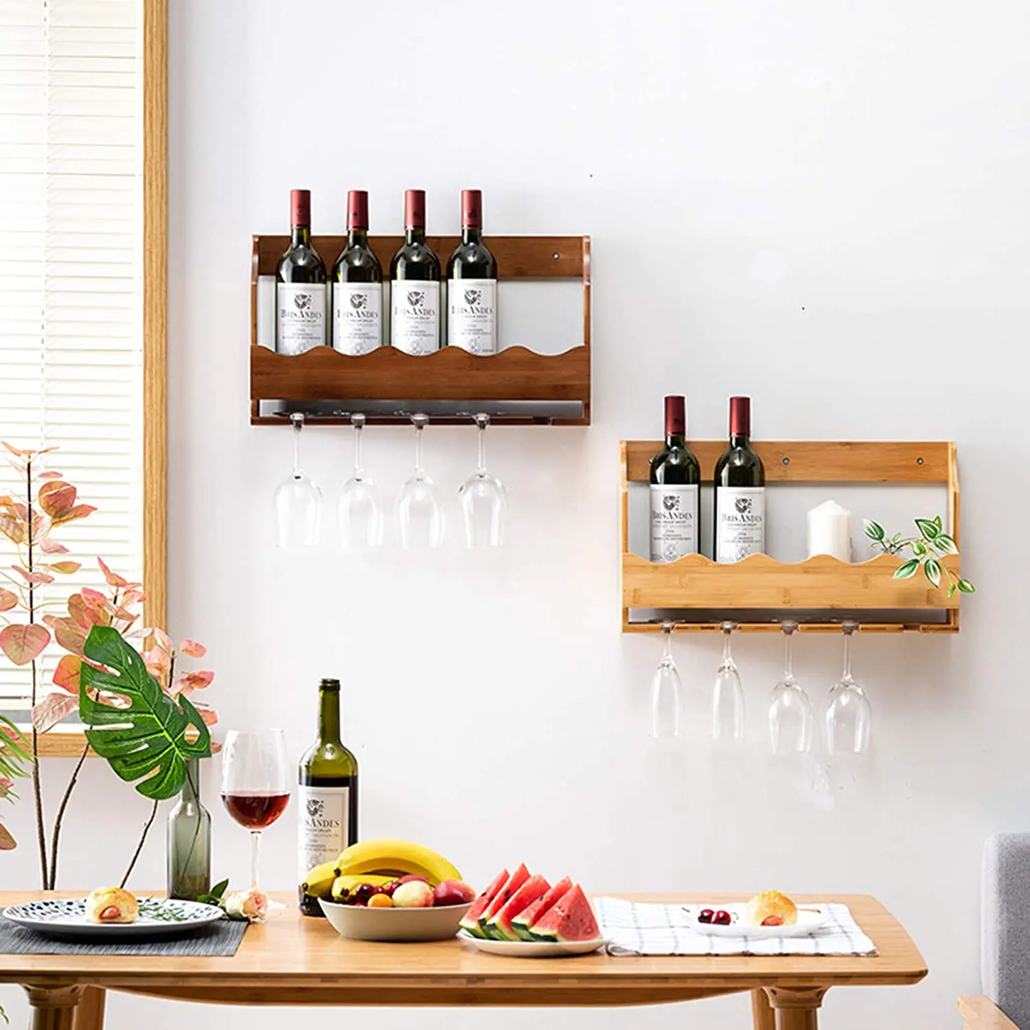 product wood wine bottles holder wall mounted bamboo wine rack with hanging stemware glasses set-3