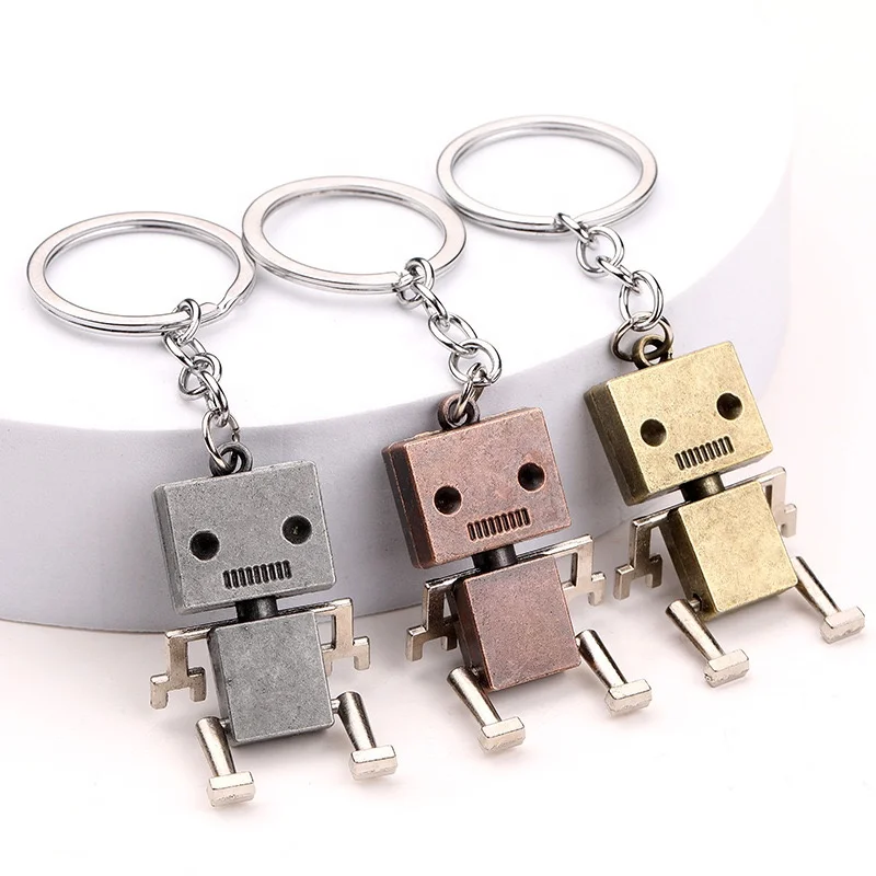Cute Robot Keychain 3D Movable Joint Mini Robot Keychain Punk Style Bronze Color Box Shaped People Metal Waist Hanging Key Ring