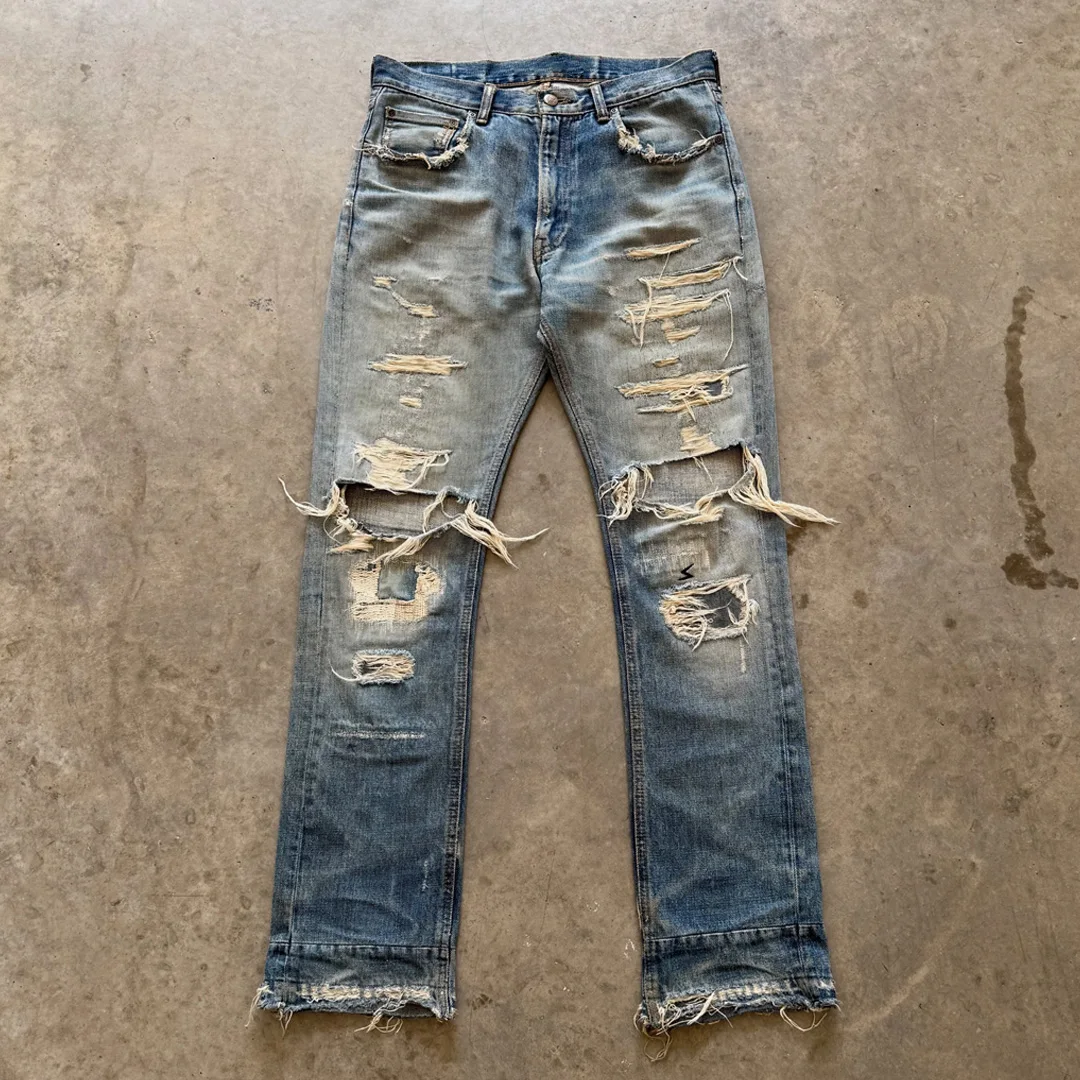 product oem clothing manufacturer men light blue heavy ripped flare denim pants streetwear distressed jeans wholesale-1