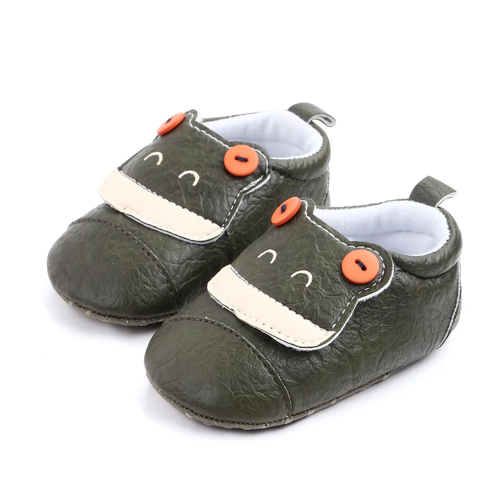 Cute Cartoon Animal Solid Color Pu Leather Buttons Small Frog Soft Soled Baby Walking Shoes manufacture