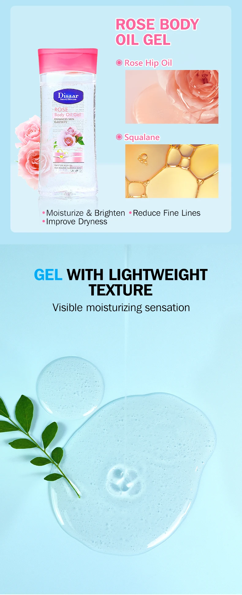 100% Natural Rose Body Oil Gel for Skin Glow Moisturizing Organic Fragrance Body Gel Oil Skin Brightening Products